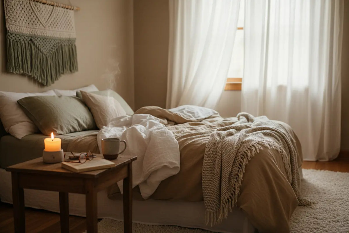 Cozy bedroom with soft morning light, rumpled ivory linen bedding and a lit candle, calm self-care atmosphere