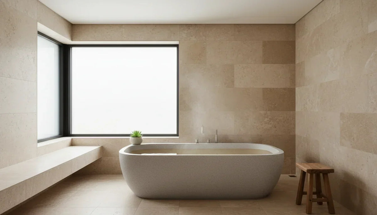 Warm stone bathtub with clear water and green plant in a modern spa bathroom