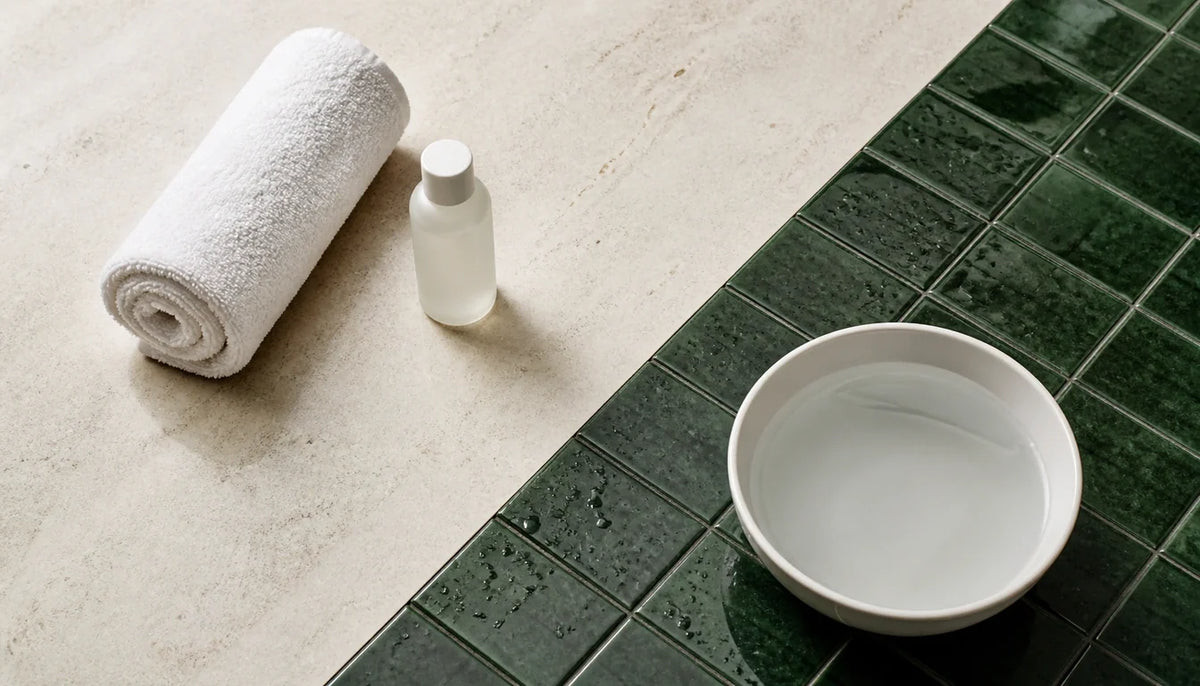 Towel, water bowl, and care bottle representing waterproof vibrator care and shower-use checks