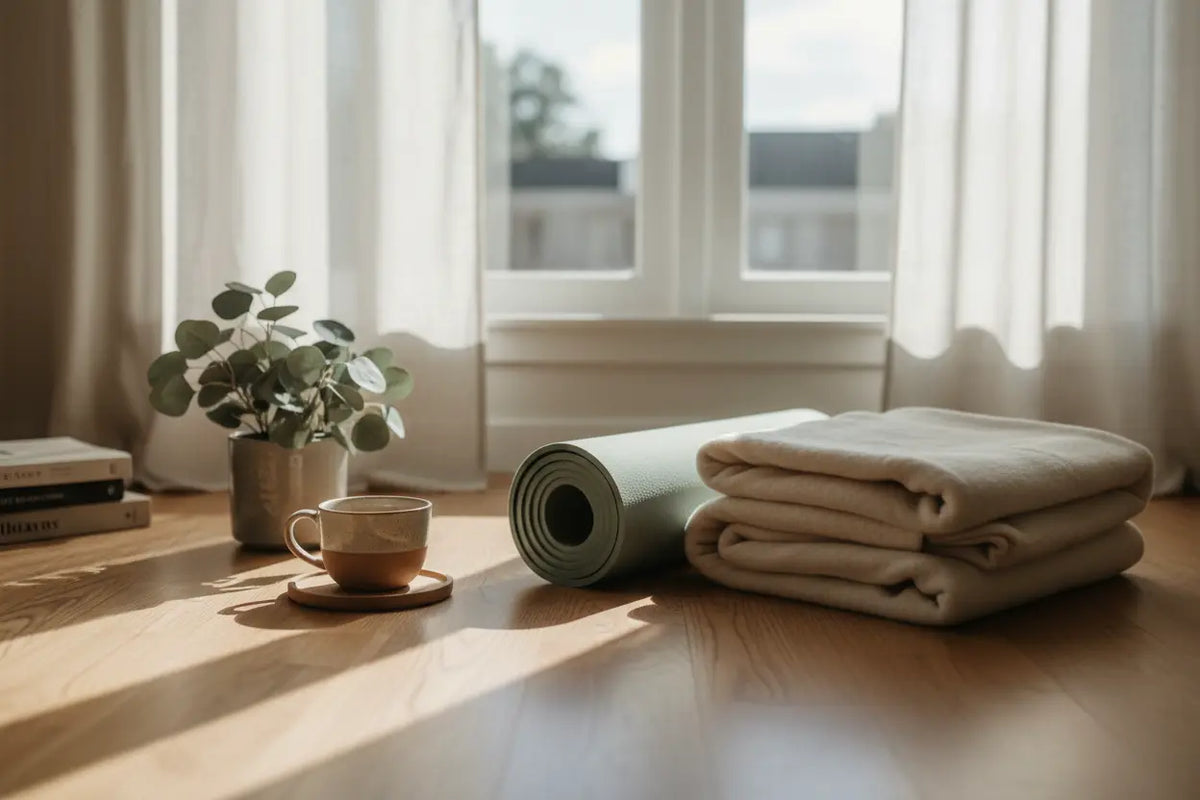 Rolled yoga mat, folded ivory blanket and herbal tea by a sunlit window, calm breathing and relaxation scene