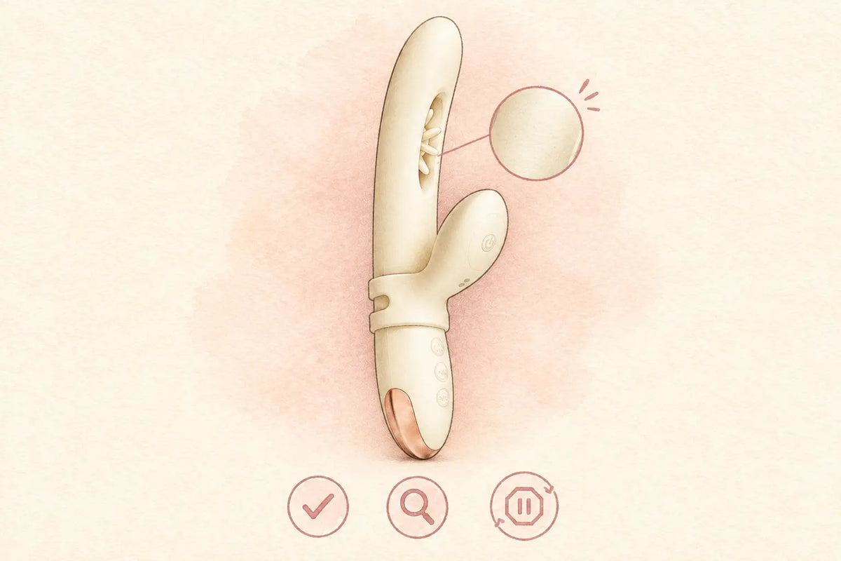 Hand-drawn illustration of a VELORA personal wellness device with visual cues for checking its condition and knowing when to replace it